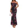 MEROKEETY Women’s Floral Maxi Dress 2026 Summer Off Shoulder Ruched Mesh Bodycon Cocktail Wedding Guest Party Dresses(Black)