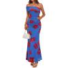MEROKEETY Women’s Floral Maxi Dress 2026 Summer Off Shoulder Ruched Mesh Bodycon Cocktail Wedding Guest Party Dresses(Blue)