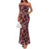 MEROKEETY Women’s Floral Maxi Dress 2026 Summer Off Shoulder Ruched Mesh Bodycon Cocktail Wedding Guest Party Dresses(Brown)