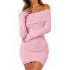 MEROKEETY Women’s Sexy Off Shoulder Sweater Dress 2026 Winter Spring Long Sleeve Bodycon Club Night Out Mini Dresses(Pink)