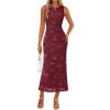 MEROKEETY Women’s Summer Sleeveless Floral Maxi Dress 2026 Bodycon Mesh Wedding Guest Cocktail Formal Party Dresses(Wine)