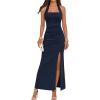 MEROKEETY Women’s Wedding Guest Dress Summer Sleeveless Halter Backless Slit Ruched Beach Cocktail Formal Maxi Dresses(Navy)