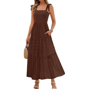 MEROKEETY Women’s 2026 Spring Boho Maxi Dress Summer Beach Vacation Casual Sleeveless Smocked A Line Sundress with Pockets(Coffee)