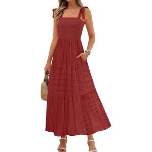 MEROKEETY Women’s 2026 Spring Boho Maxi Dress Summer Beach Vacation Casual Sleeveless Smocked A Line Sundress with Pockets(Red)