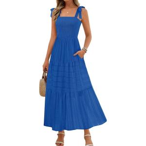 MEROKEETY Women’s 2026 Spring Boho Maxi Dress Summer Beach Vacation Casual Sleeveless Smocked A Line Sundress with Pockets(Royal Blue)