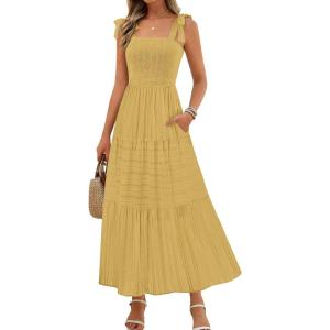 MEROKEETY Women’s 2026 Spring Boho Maxi Dress Summer Beach Vacation Casual Sleeveless Smocked A Line Sundress with Pockets(Yellow)