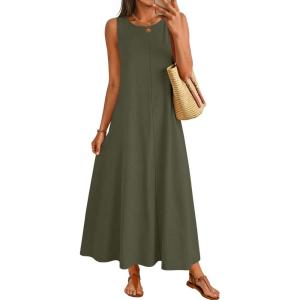 MEROKEETY Women’s 2026 Summer Maxi Dress Sleeveless Crewneck Casual Loose Beach Vacation Basic Long Sundress(Army)
