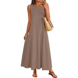 MEROKEETY Women’s 2026 Summer Maxi Dress Sleeveless Crewneck Casual Loose Beach Vacation Basic Long Sundress(Mocha)