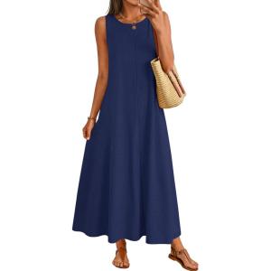 MEROKEETY Women’s 2026 Summer Maxi Dress Sleeveless Crewneck Casual Loose Beach Vacation Basic Long Sundress(Navy)