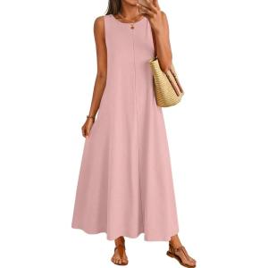 MEROKEETY Women’s 2026 Summer Maxi Dress Sleeveless Crewneck Casual Loose Beach Vacation Basic Long Sundress(Pink)