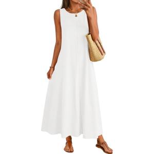 MEROKEETY Women’s 2026 Summer Maxi Dress Sleeveless Crewneck Casual Loose Beach Vacation Basic Long Sundress(White)
