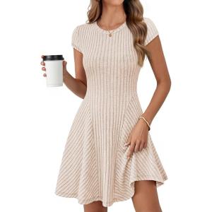 MEROKEETY Women’s Summer Ribbed Mini Sweater Dress 2026 Spring Casual Crewneck Cap Sleeve Knit A Line Short Dresses(Apricot)
