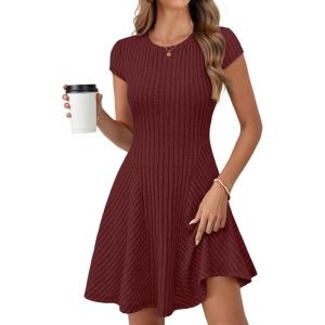 MEROKEETY Women’s Summer Ribbed Mini Sweater Dress 2026 Spring Casual Crewneck Cap Sleeve Knit A Line Short Dresses(Wine)