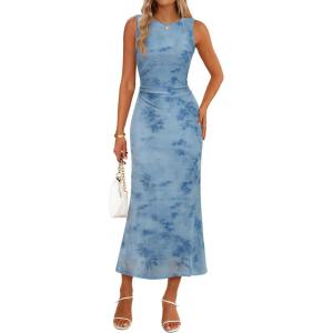 MEROKEETY Women’s Summer Sleeveless Floral Maxi Dress 2026 Bodycon Mesh Wedding Guest Cocktail Formal Party Dresses(Blue)