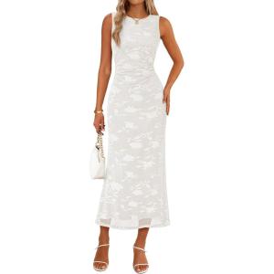 MEROKEETY Women’s Summer Sleeveless Floral Maxi Dress 2026 Bodycon Mesh Wedding Guest Cocktail Formal Party Dresses(White)