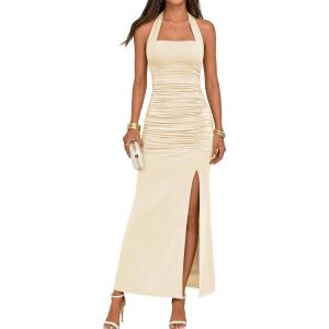 MEROKEETY Women’s Wedding Guest Dress Summer Sleeveless Halter Backless Slit Ruched Beach Cocktail Formal Maxi Dresses(Beige)