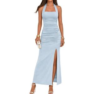 MEROKEETY Women’s Wedding Guest Dress Summer Sleeveless Halter Backless Slit Ruched Beach Cocktail Formal Maxi Dresses(Blue)