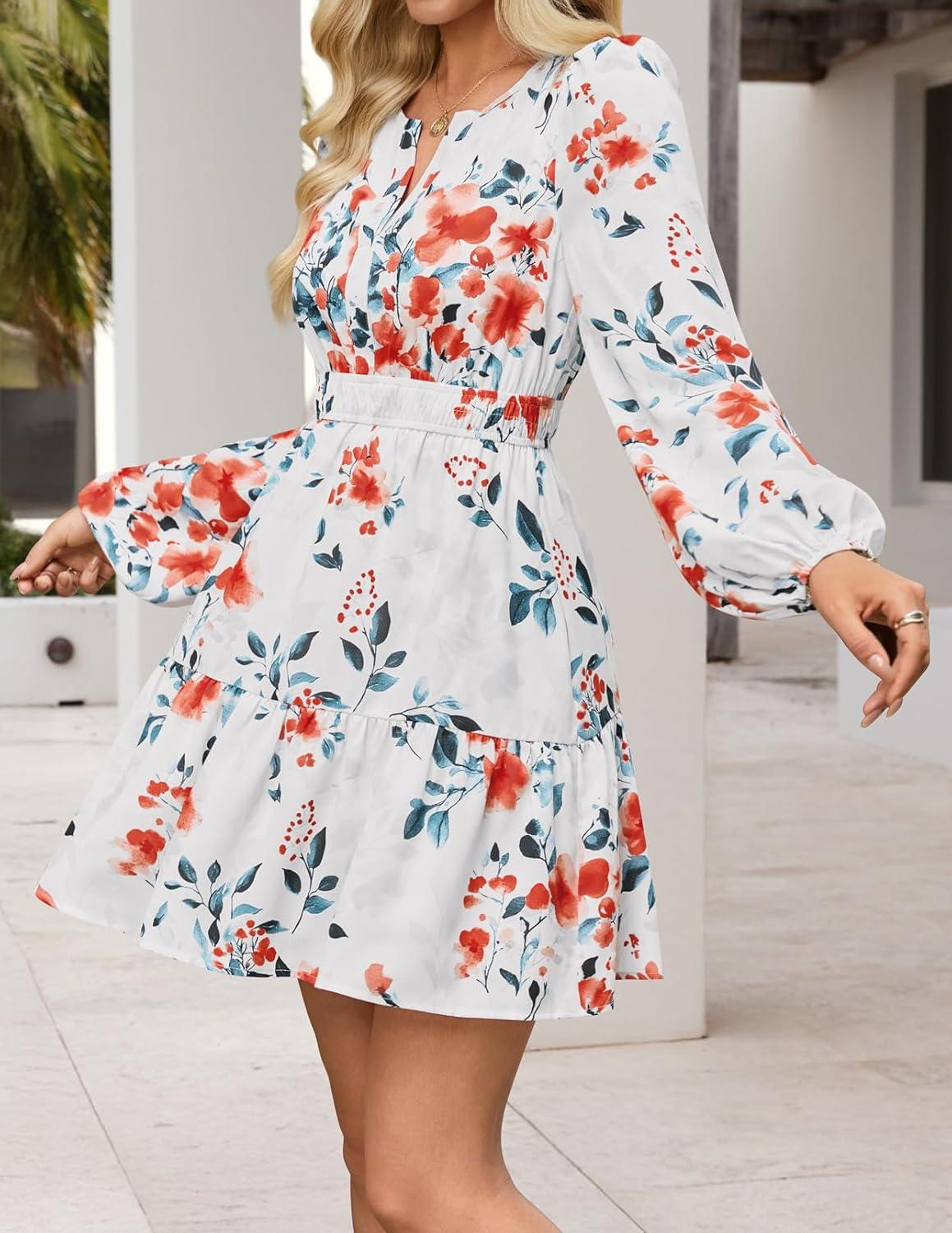 imageMEROKEETY Fall Wedding Guest Dresses for Women Long Sleeve Floral Casual Lightweight Flowy Swing Boho Dress PocketsIvory