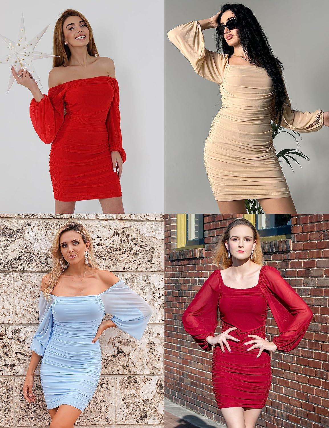 imageMEROKEETY Women Square Neck Lantern Long Sleeve Mesh Ruched Bodycon Clubwear Mini DressArmygreen