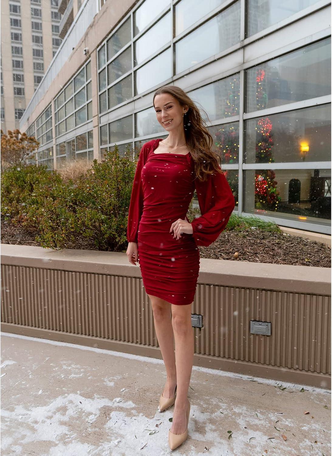 imageMEROKEETY Women Square Neck Lantern Long Sleeve Mesh Ruched Bodycon Clubwear Mini DressWinered