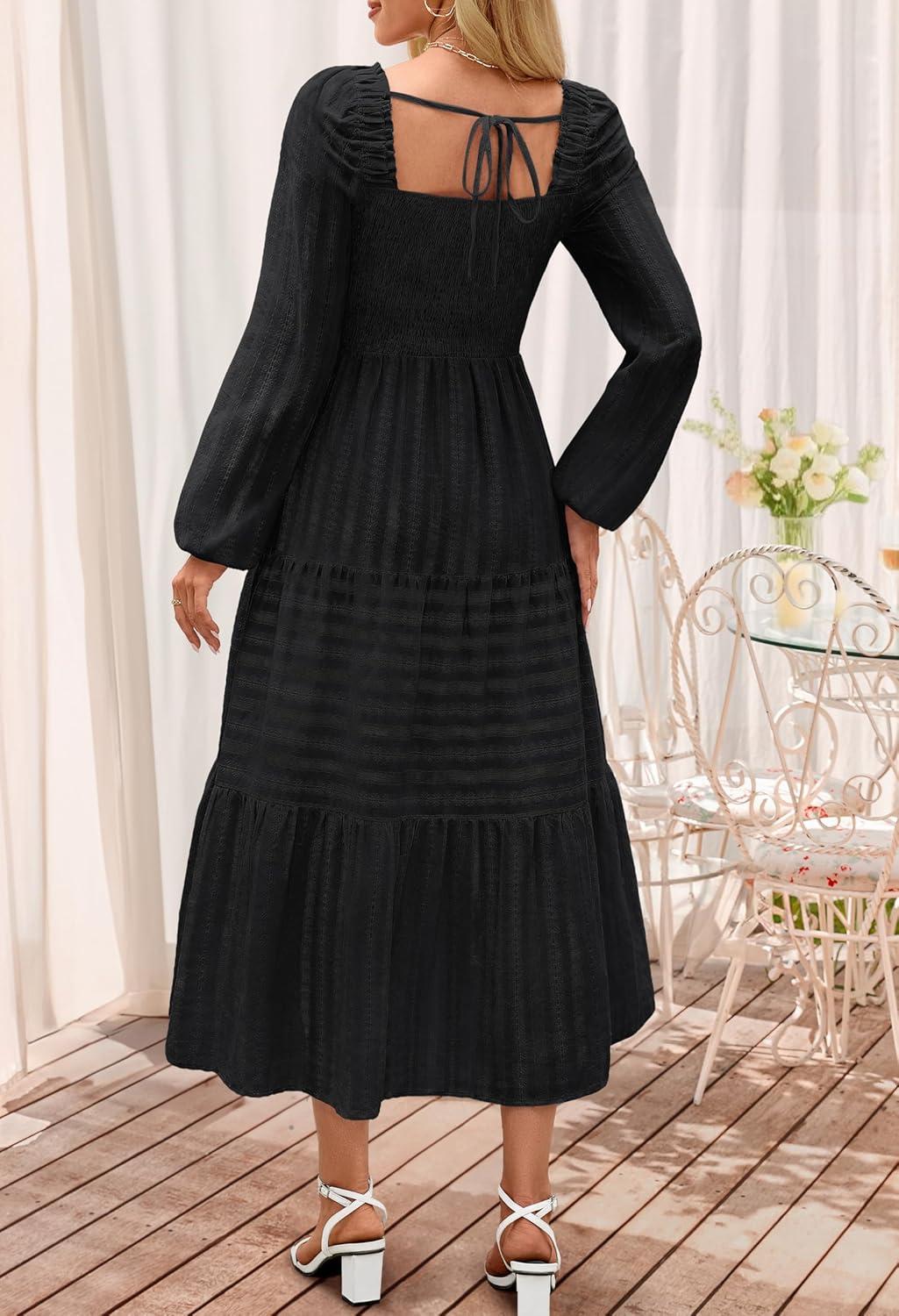 imageMEROKEETY Womens 2025 Long Sleeve Fall Dress Square Neck Smocked Flowy Tiered Casual Maxi Dresses with PocketsBlack