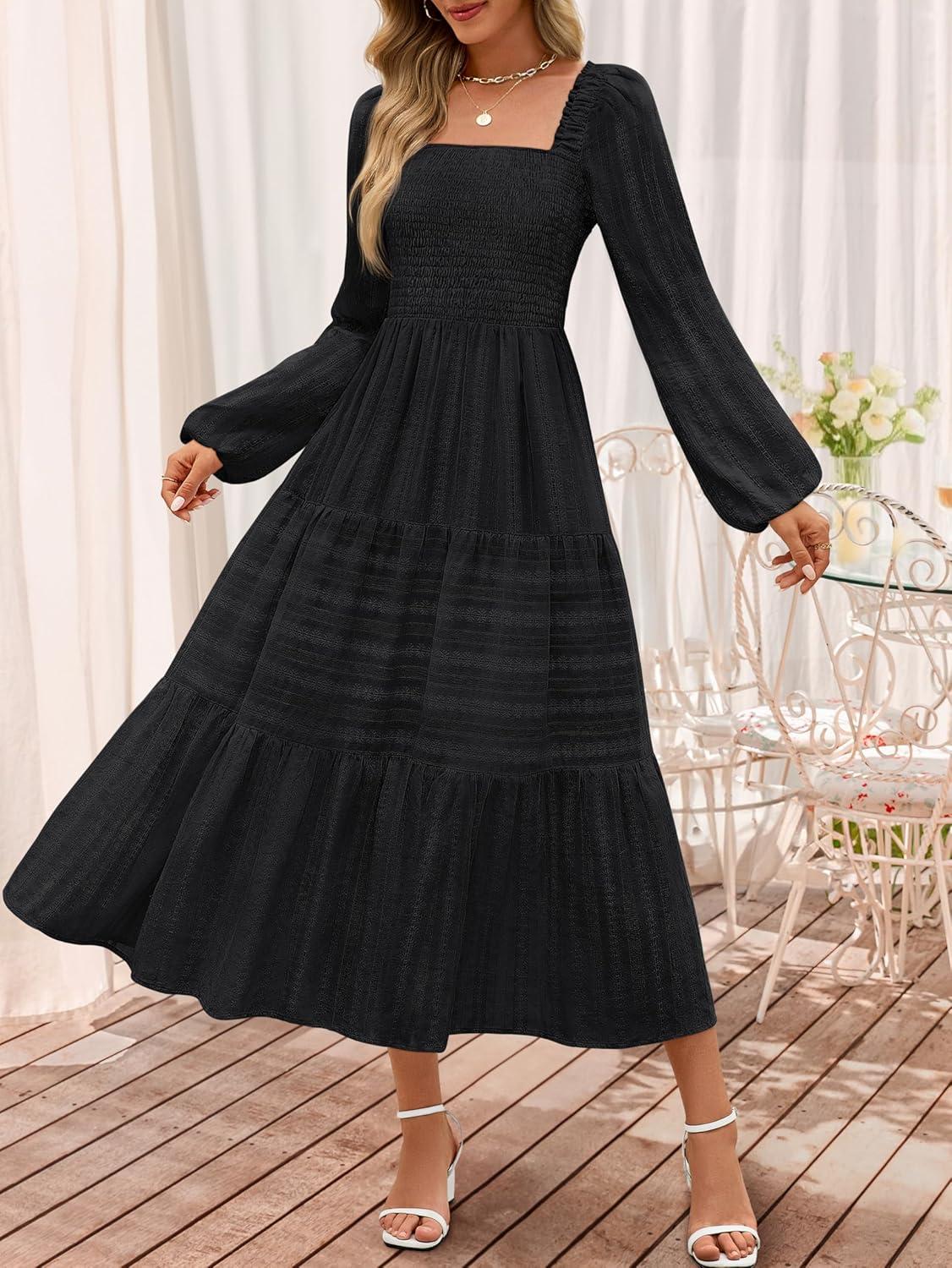 imageMEROKEETY Womens 2025 Long Sleeve Fall Dress Square Neck Smocked Flowy Tiered Casual Maxi Dresses with PocketsBlack