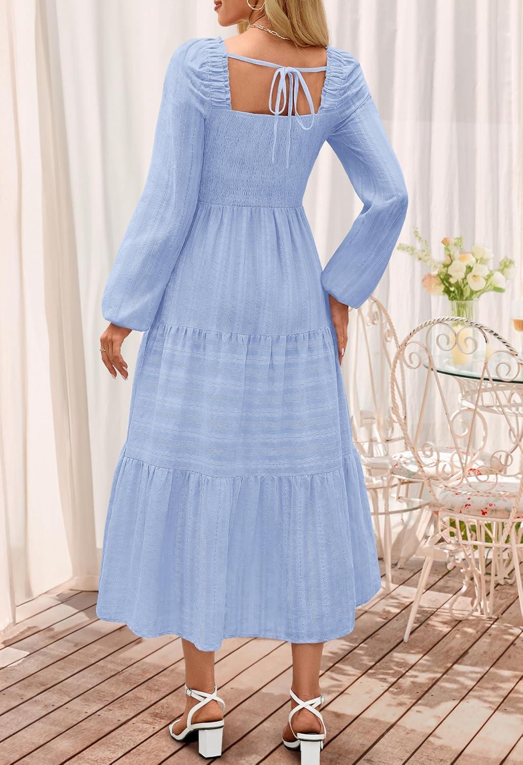 imageMEROKEETY Womens 2025 Long Sleeve Fall Dress Square Neck Smocked Flowy Tiered Casual Maxi Dresses with PocketsBlue