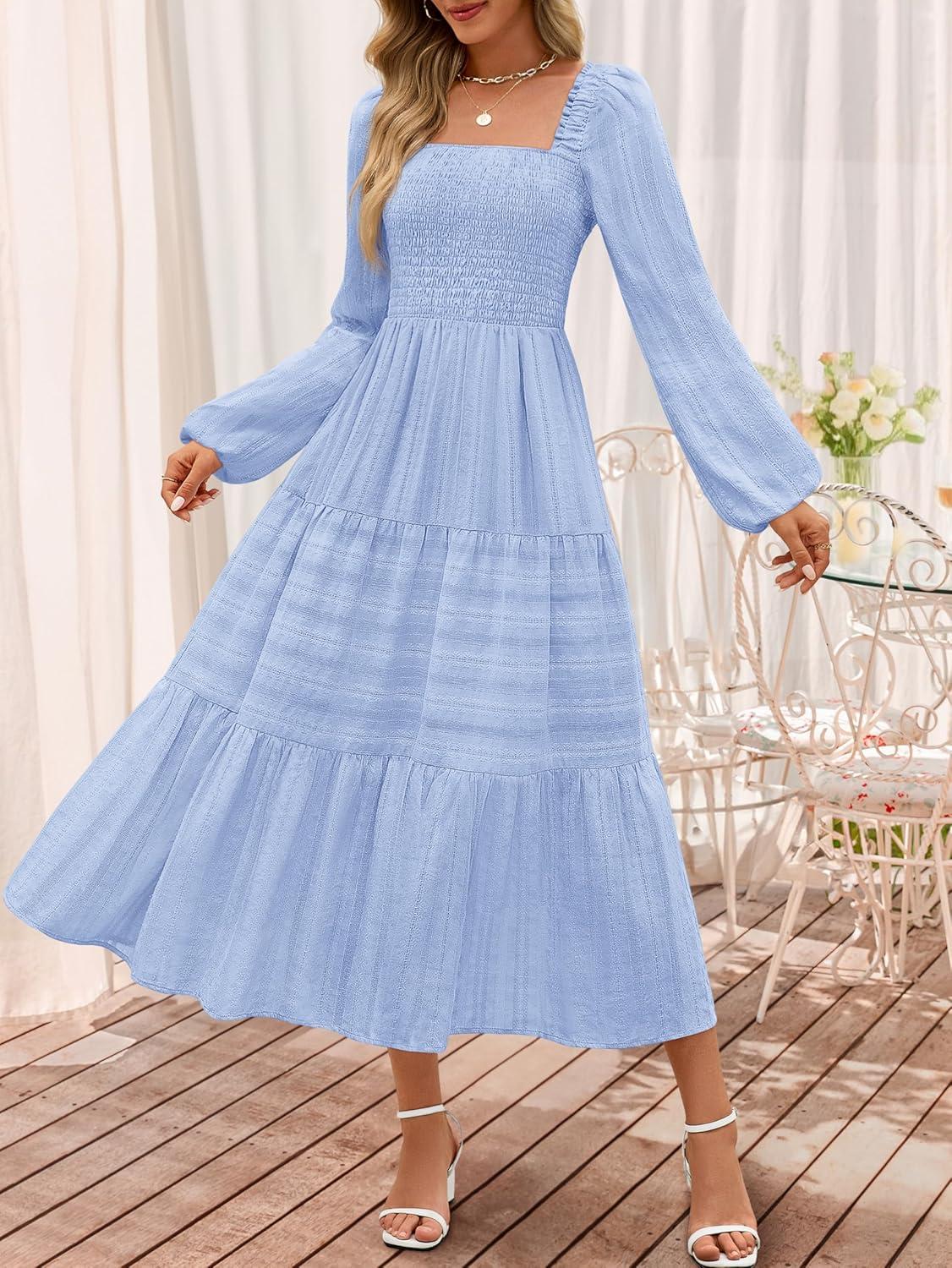 imageMEROKEETY Womens 2025 Long Sleeve Fall Dress Square Neck Smocked Flowy Tiered Casual Maxi Dresses with PocketsBlue