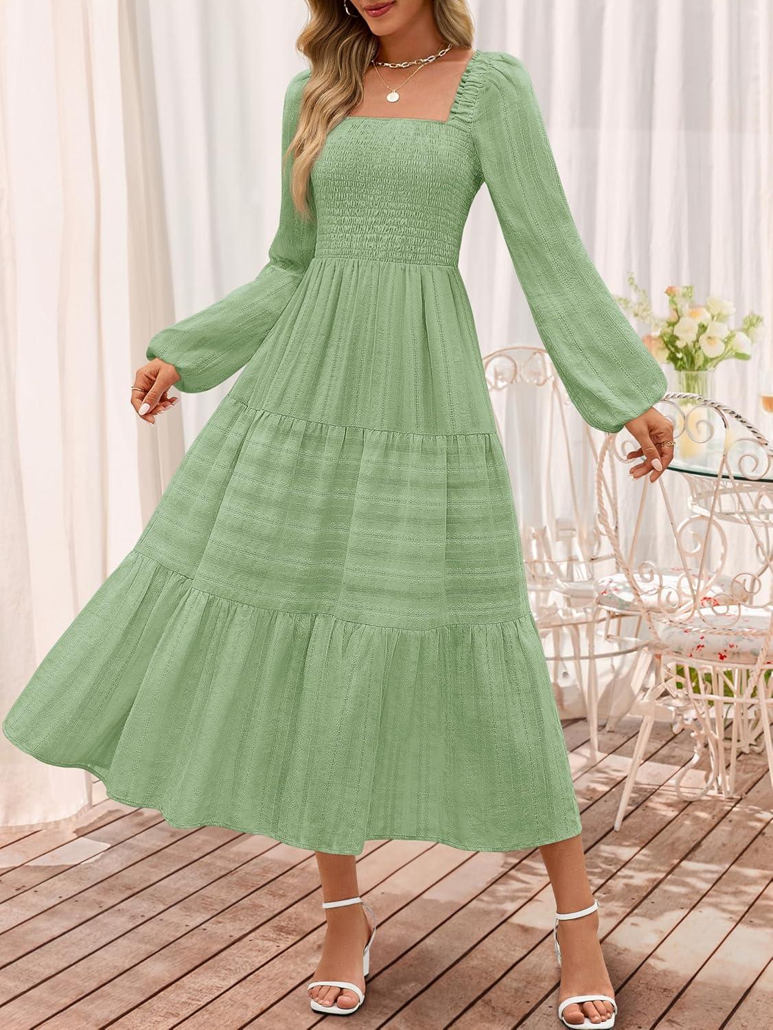 imageMEROKEETY Womens 2025 Long Sleeve Fall Dress Square Neck Smocked Flowy Tiered Casual Maxi Dresses with PocketsGreen