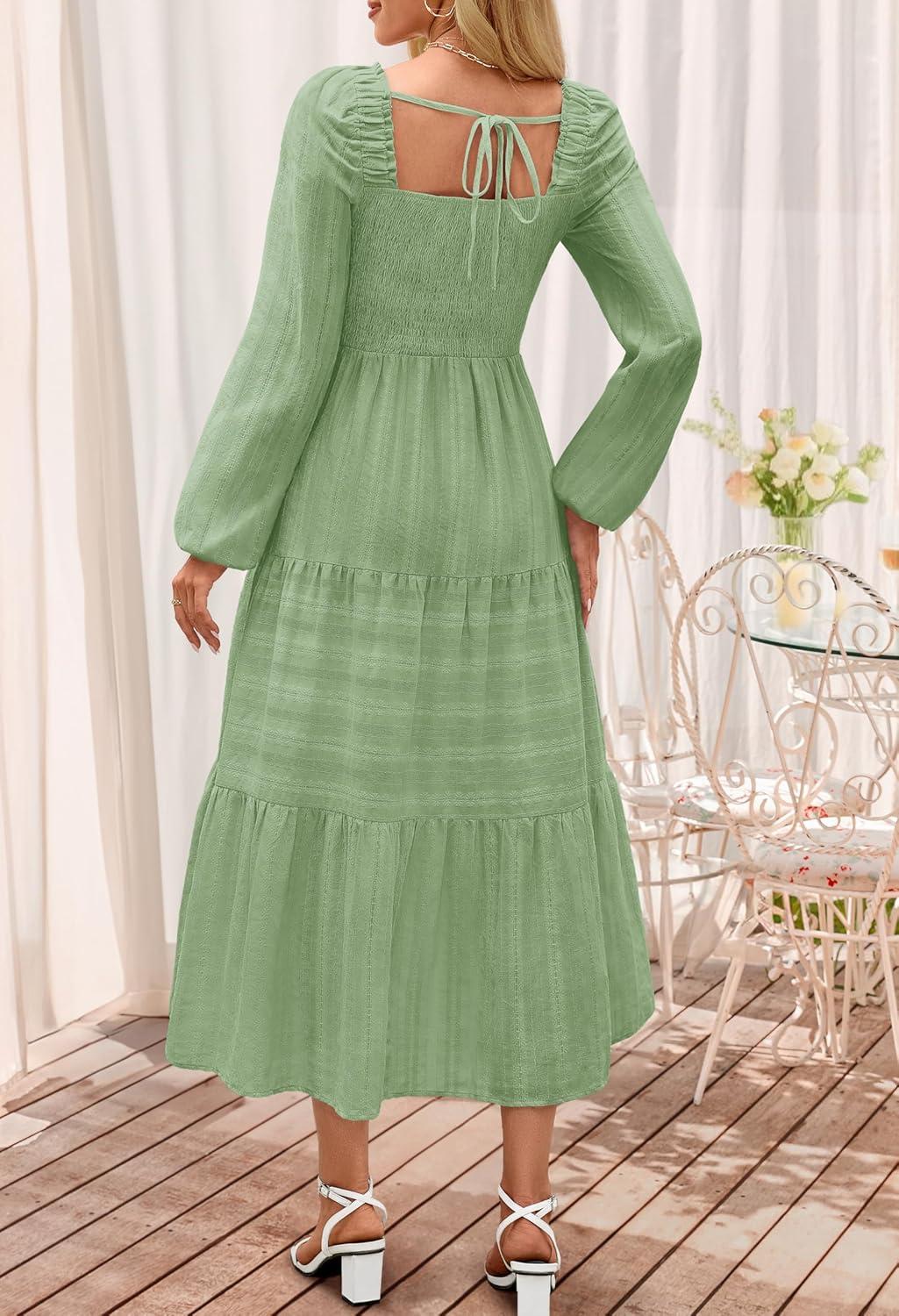 imageMEROKEETY Womens 2025 Long Sleeve Fall Dress Square Neck Smocked Flowy Tiered Casual Maxi Dresses with PocketsGreen