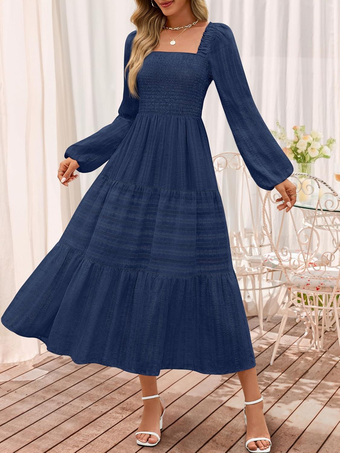 imageMEROKEETY Womens 2025 Long Sleeve Fall Dress Square Neck Smocked Flowy Tiered Casual Maxi Dresses with PocketsNavy