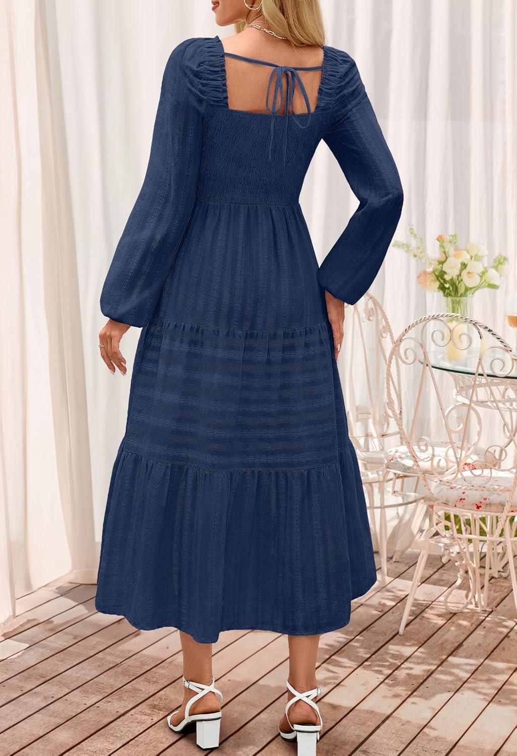 imageMEROKEETY Womens 2025 Long Sleeve Fall Dress Square Neck Smocked Flowy Tiered Casual Maxi Dresses with PocketsNavy