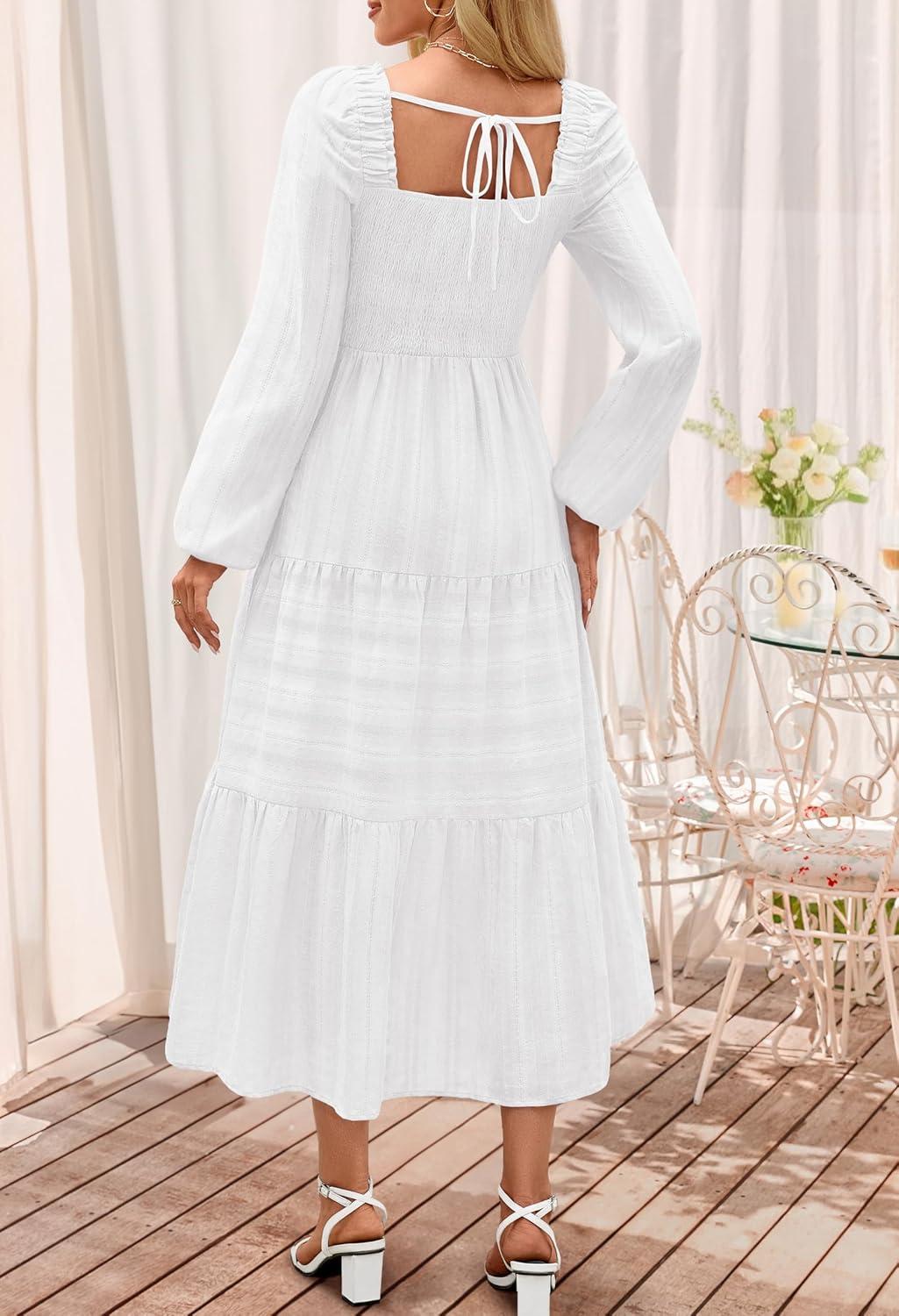 imageMEROKEETY Womens 2025 Long Sleeve Fall Dress Square Neck Smocked Flowy Tiered Casual Maxi Dresses with PocketsWhite