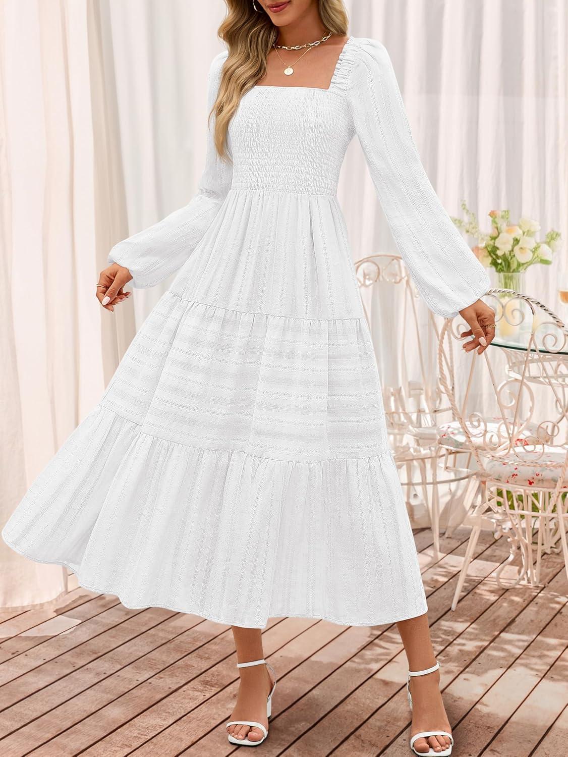 imageMEROKEETY Womens 2025 Long Sleeve Fall Dress Square Neck Smocked Flowy Tiered Casual Maxi Dresses with PocketsWhite