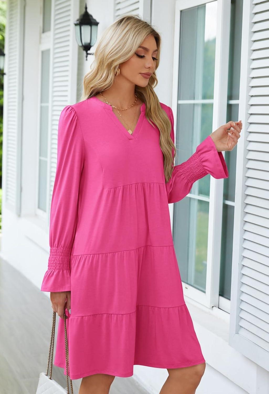 imageMEROKEETY Womens 2025 Long Sleeve Midi Dress V Neck Flowy Swing Ruffle Tiered Fall Casual DressesHot Pink
