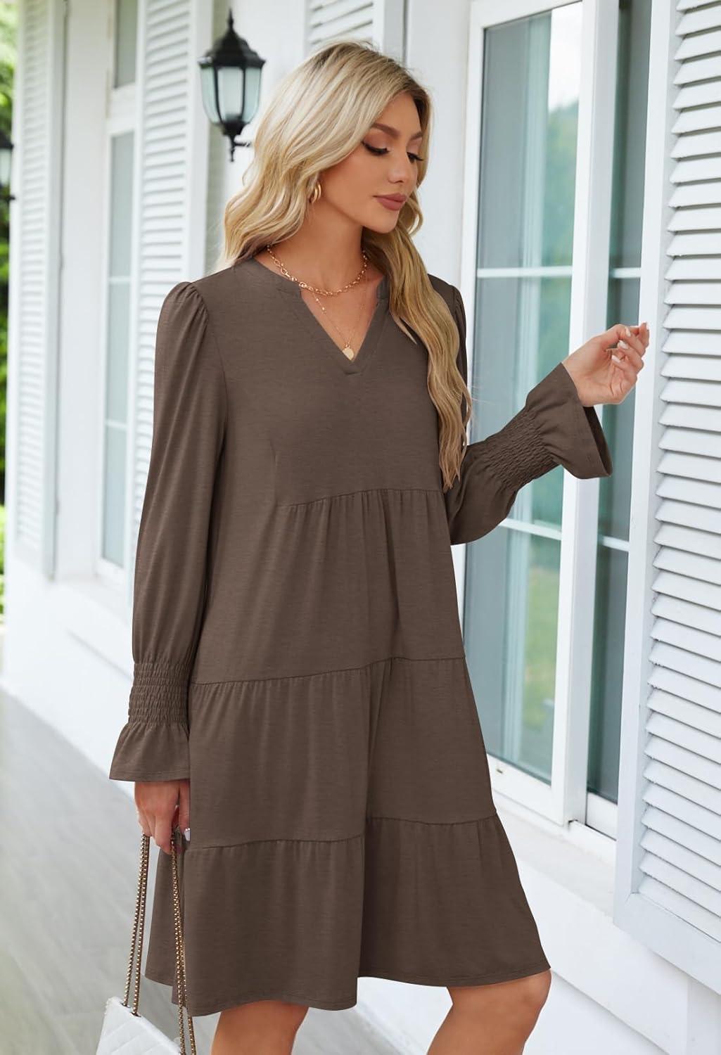 imageMEROKEETY Womens 2025 Long Sleeve Midi Dress V Neck Flowy Swing Ruffle Tiered Fall Casual DressesLight Coffee