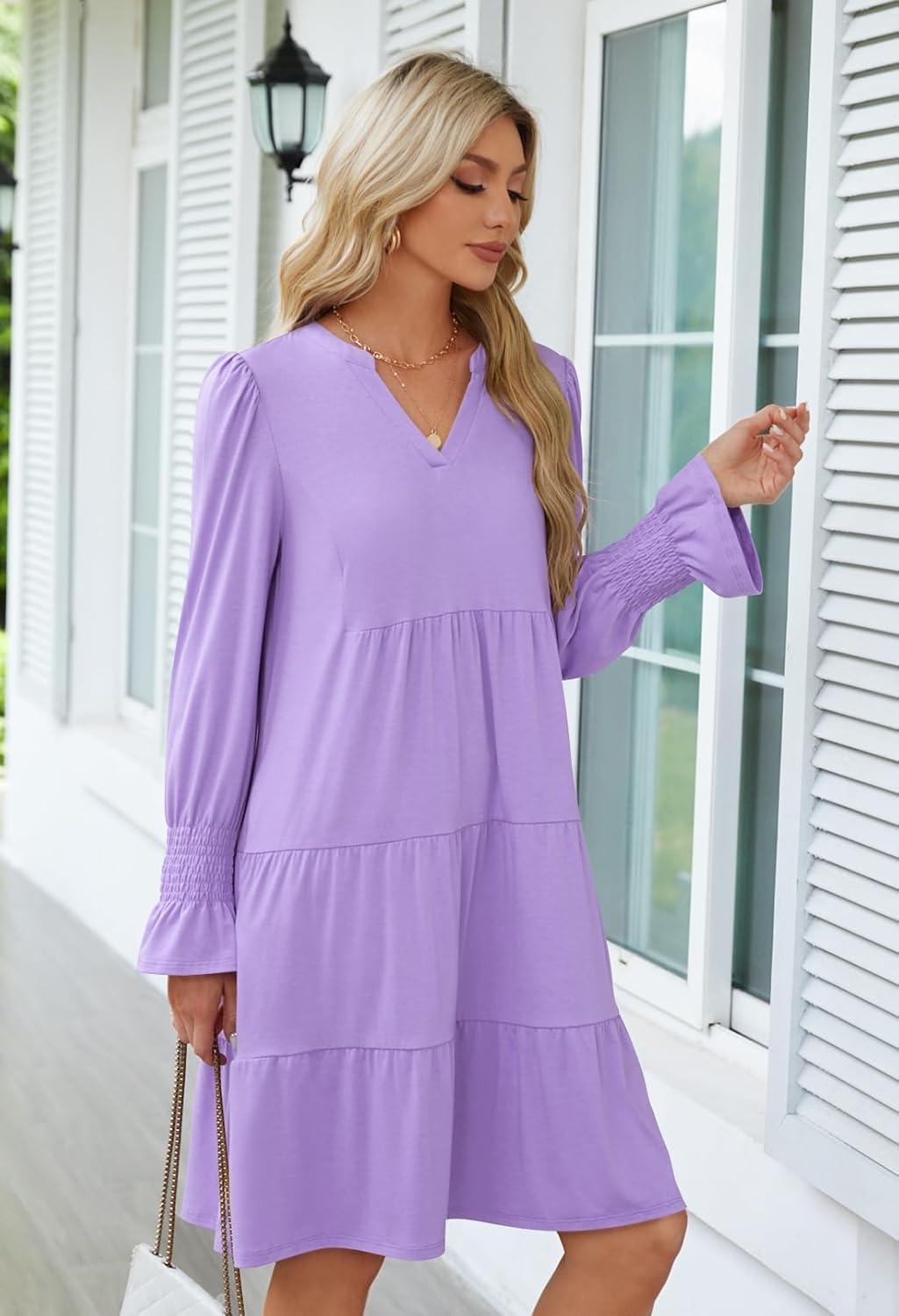 imageMEROKEETY Womens 2025 Long Sleeve Midi Dress V Neck Flowy Swing Ruffle Tiered Fall Casual DressesLilac