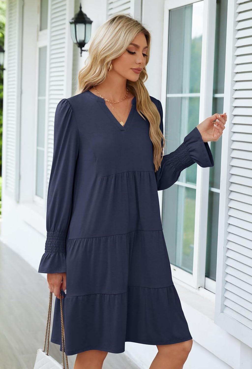 imageMEROKEETY Womens 2025 Long Sleeve Midi Dress V Neck Flowy Swing Ruffle Tiered Fall Casual DressesNavy