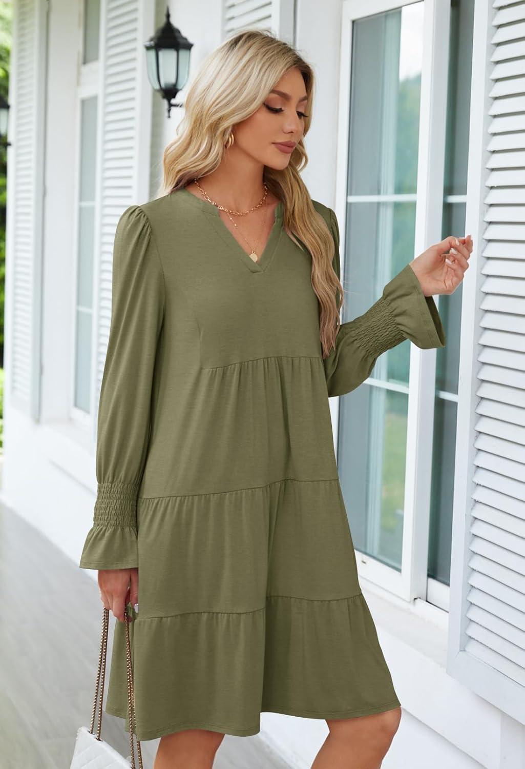 imageMEROKEETY Womens 2025 Long Sleeve Midi Dress V Neck Flowy Swing Ruffle Tiered Fall Casual DressesOlive