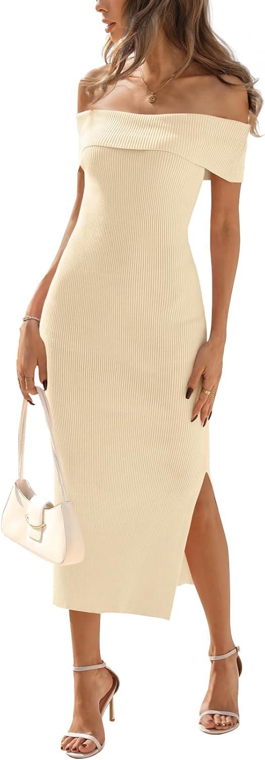 imageMEROKEETY Womens 2025 Off Shoulder Bodycon Midi Dress Summer Spring Formal Elegant Knit Sweater DressesApricot