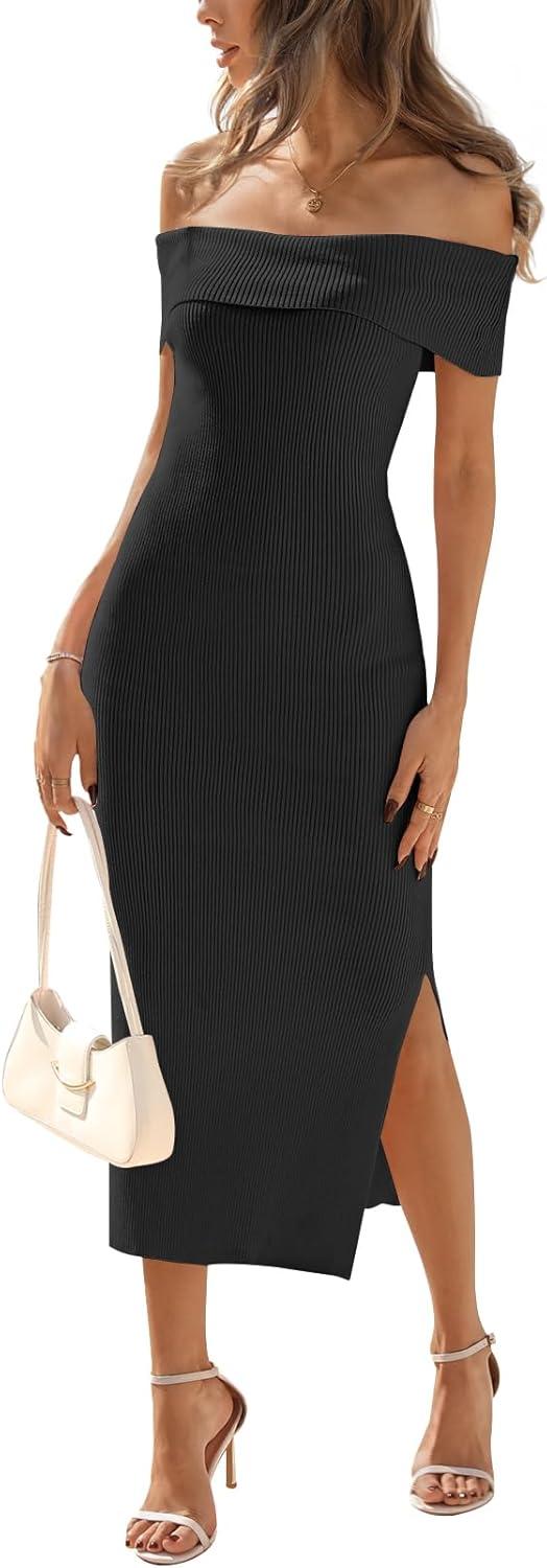 imageMEROKEETY Womens 2025 Off Shoulder Bodycon Midi Dress Summer Spring Formal Elegant Knit Sweater DressesBlack