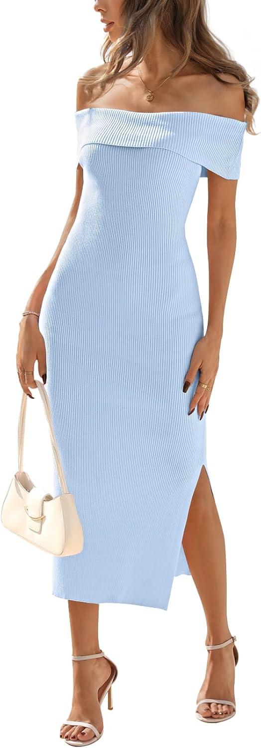 imageMEROKEETY Womens 2025 Off Shoulder Bodycon Midi Dress Summer Spring Formal Elegant Knit Sweater DressesLightblue