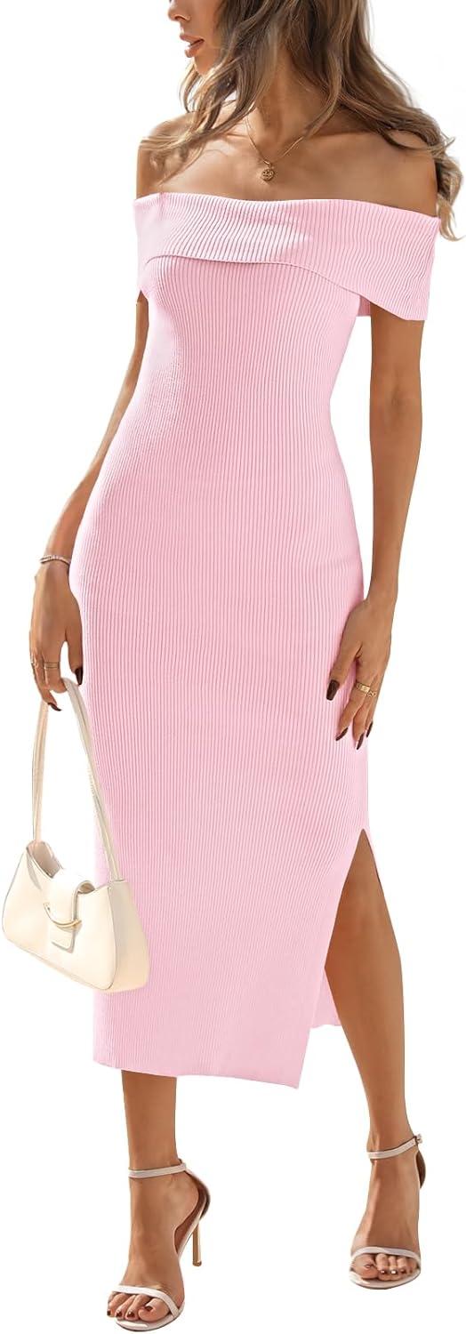 imageMEROKEETY Womens 2025 Off Shoulder Bodycon Midi Dress Summer Spring Formal Elegant Knit Sweater DressesPink