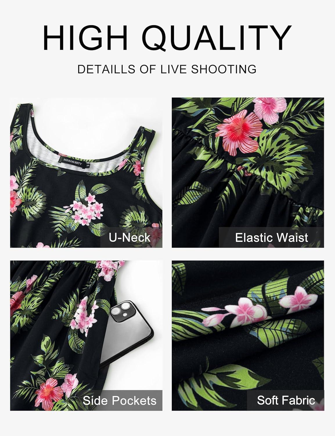 imageMEROKEETY Womens 2025 Summer Casual Floral Midi Dress Sleeveless Beach Vacation Tank Hawaiian SundressBlack