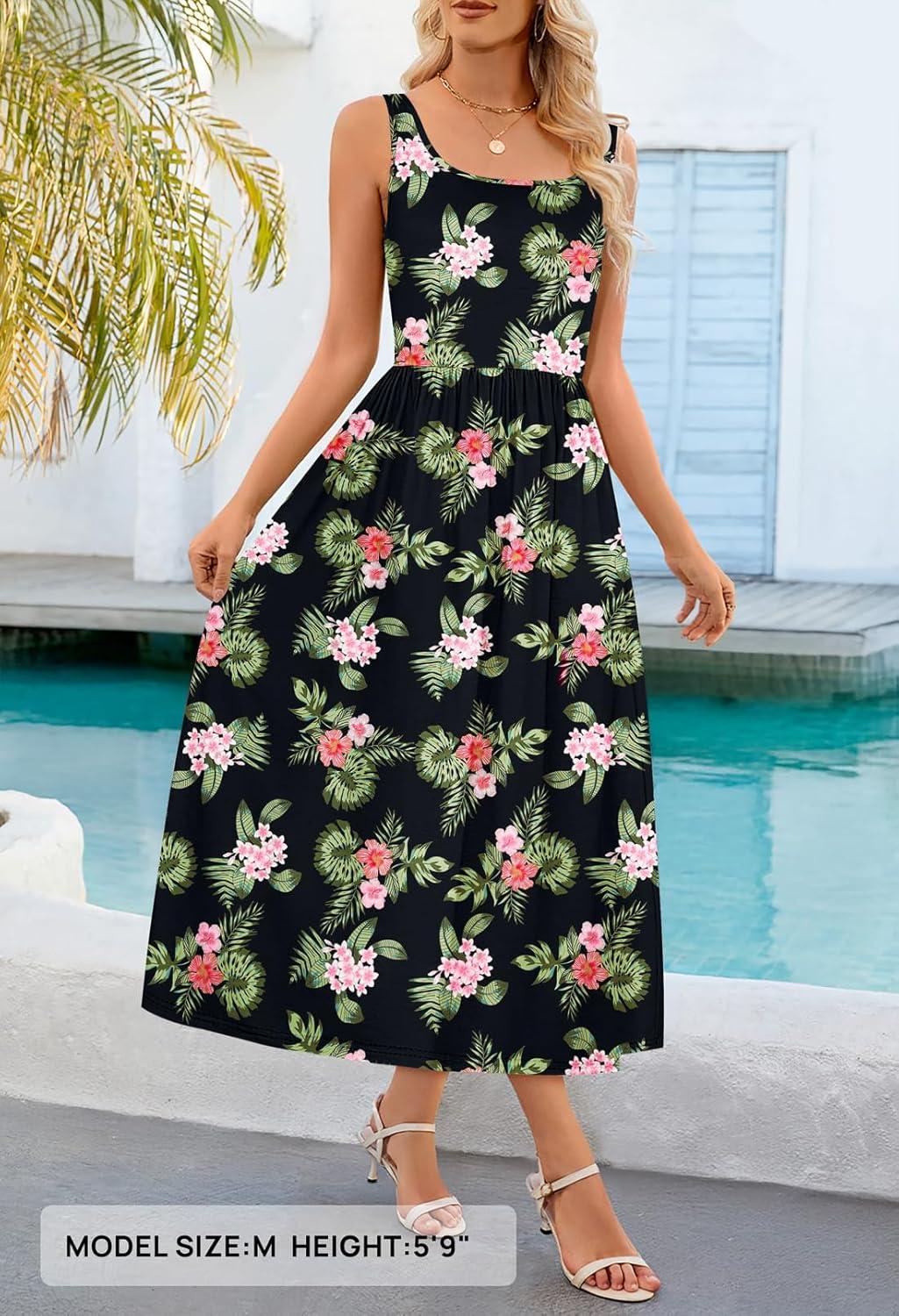 imageMEROKEETY Womens 2025 Summer Casual Floral Midi Dress Sleeveless Beach Vacation Tank Hawaiian SundressBlack