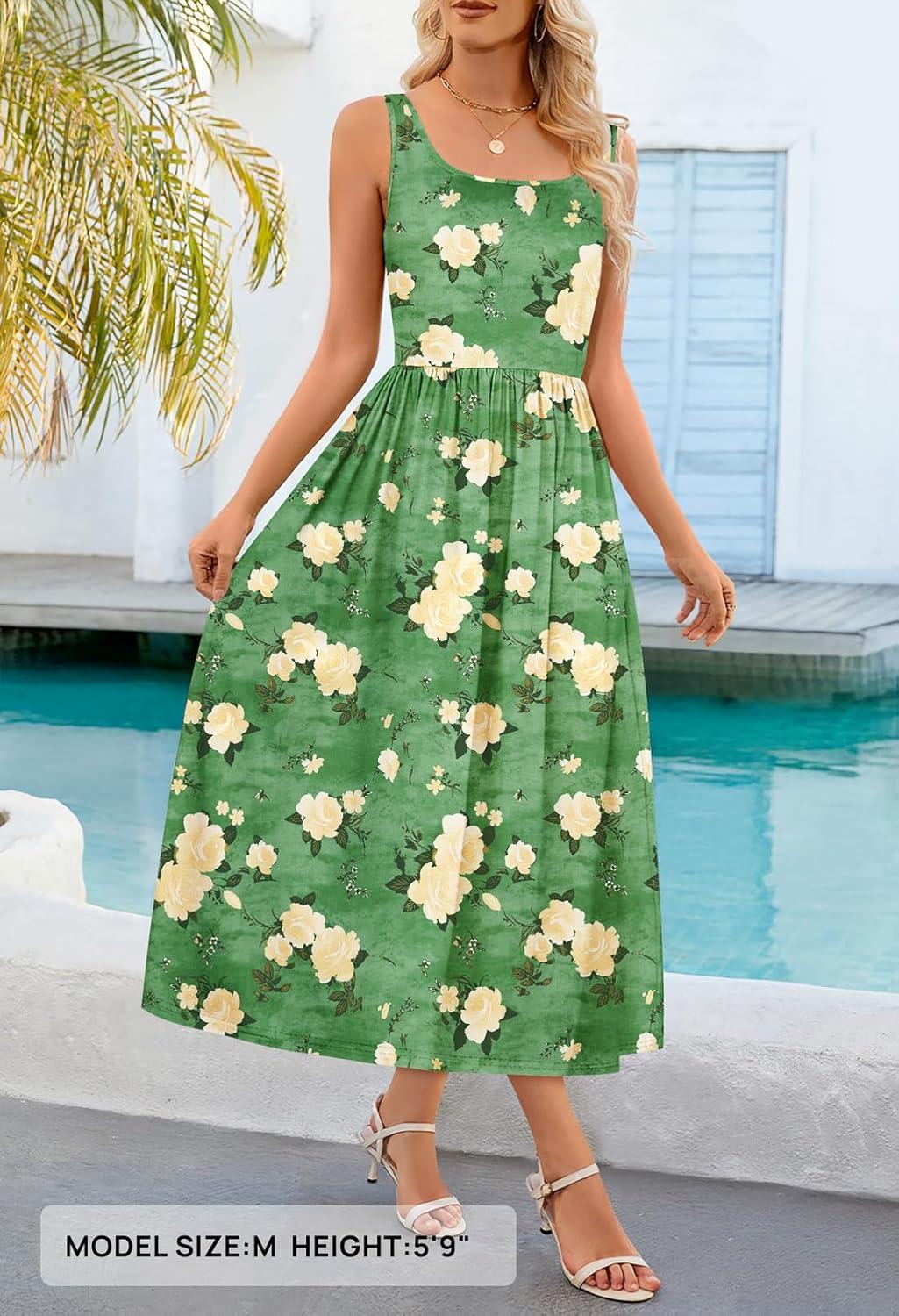 imageMEROKEETY Womens 2025 Summer Casual Floral Midi Dress Sleeveless Beach Vacation Tank Hawaiian SundressGreen