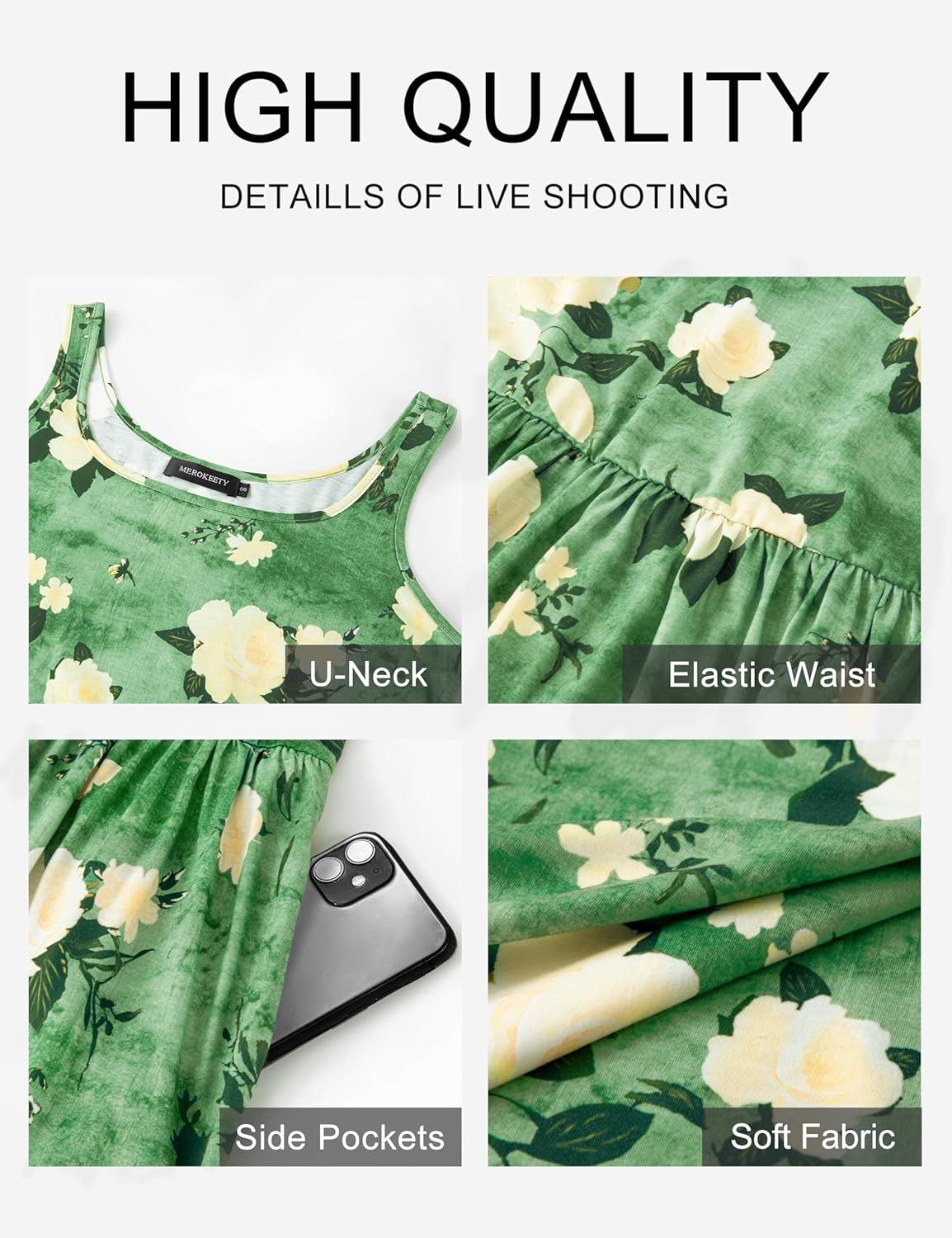 imageMEROKEETY Womens 2025 Summer Casual Floral Midi Dress Sleeveless Beach Vacation Tank Hawaiian SundressGreen