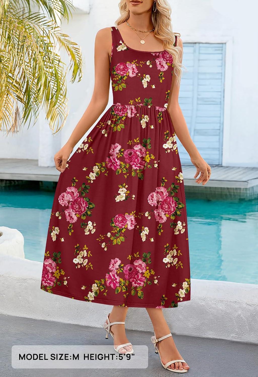 imageMEROKEETY Womens 2025 Summer Casual Floral Midi Dress Sleeveless Beach Vacation Tank Hawaiian SundressWine