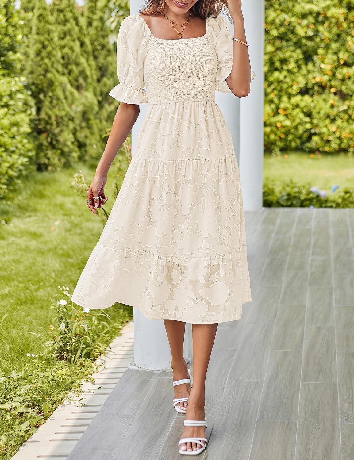 imageMEROKEETY Womens 2025 Summer Short Puff Sleeve Smocked Square Neck Floral Textured Tiered Midi DressBeige