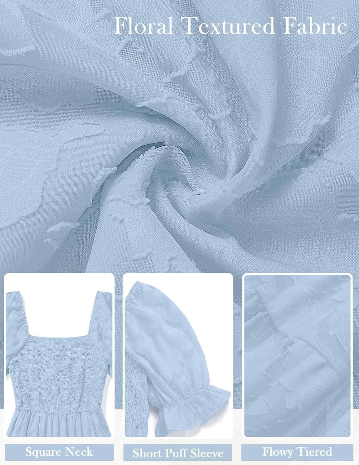 imageMEROKEETY Womens 2025 Summer Short Puff Sleeve Smocked Square Neck Floral Textured Tiered Midi DressBlue